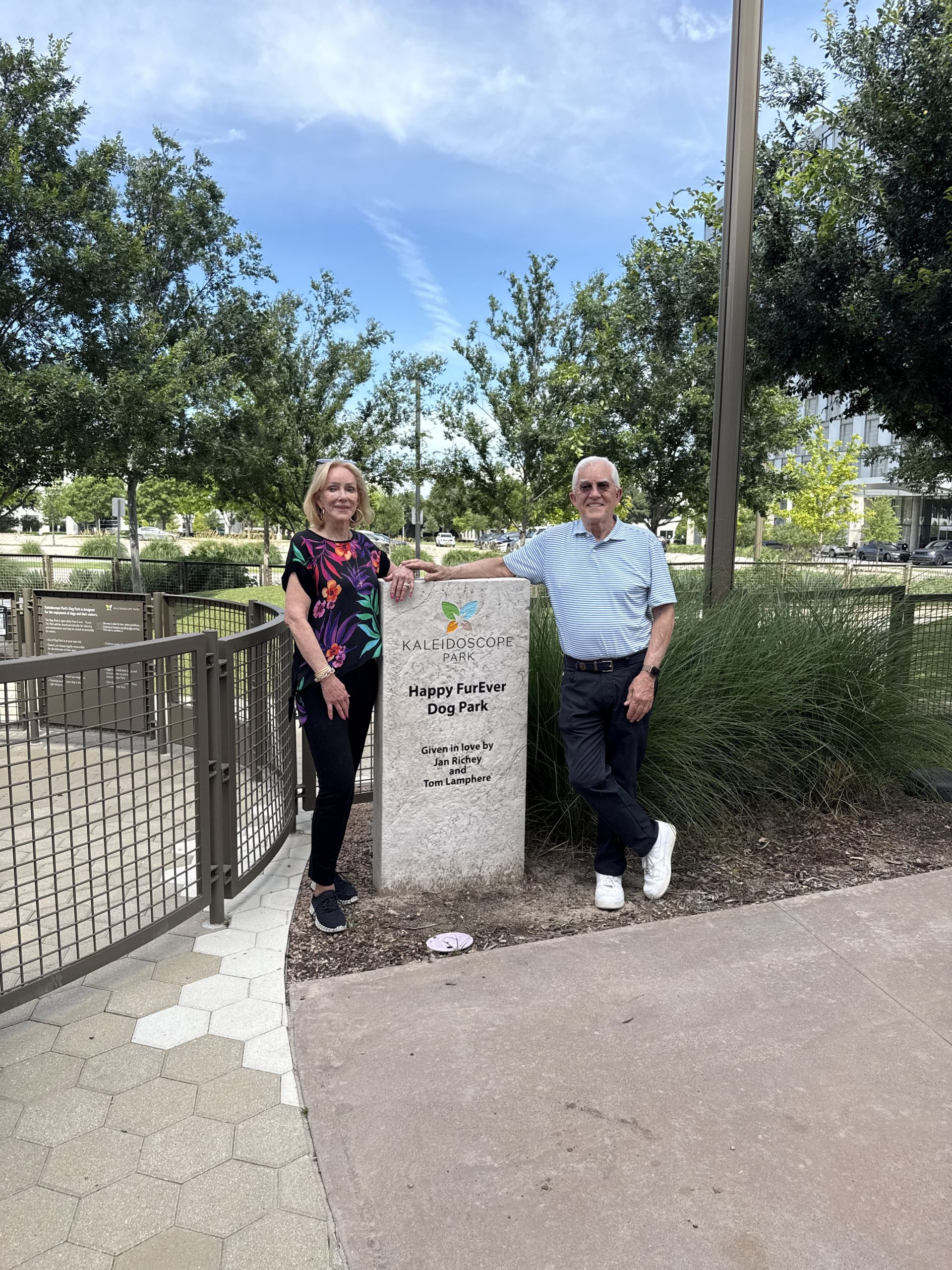 Jan Richey and Tom Lamphere at the Happy FurEver Dog Park ribbon cutting at Kaleidoscope Park in Frisco, Texas